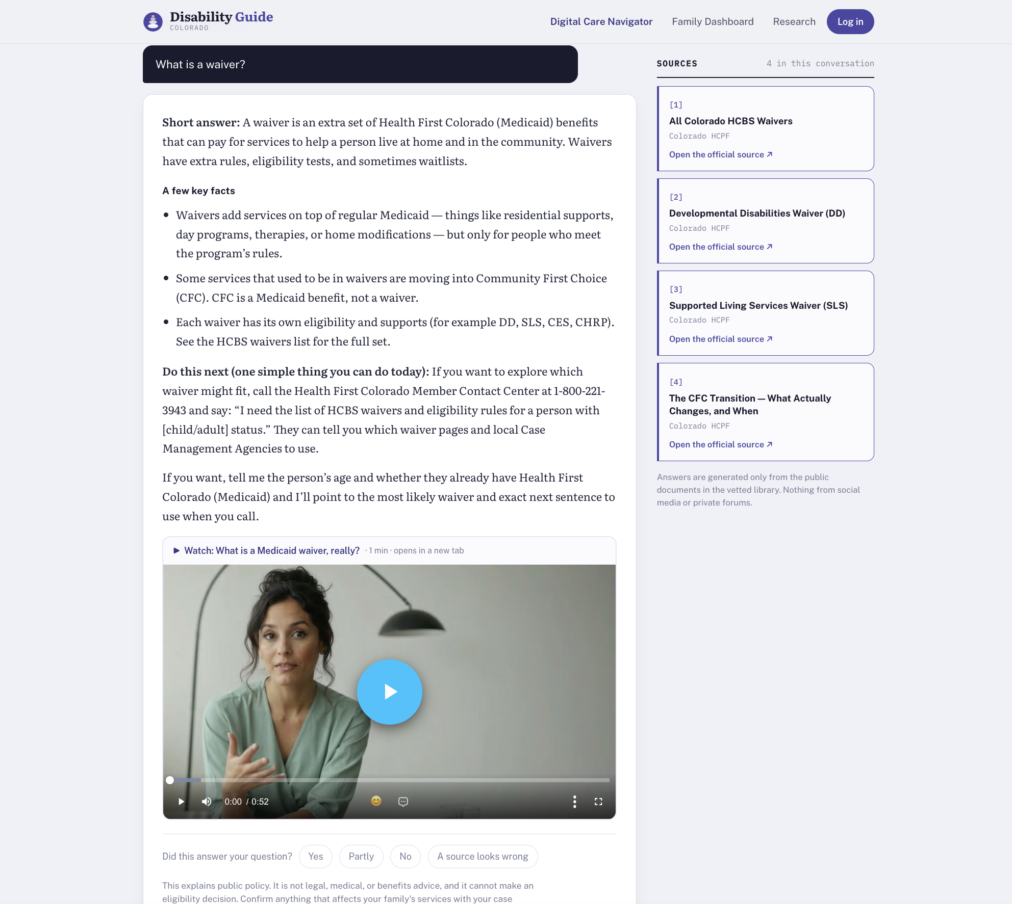 DisabilityGuide.co showing a micro-learning video embedded directly within an AI-powered answer about Medicaid waivers